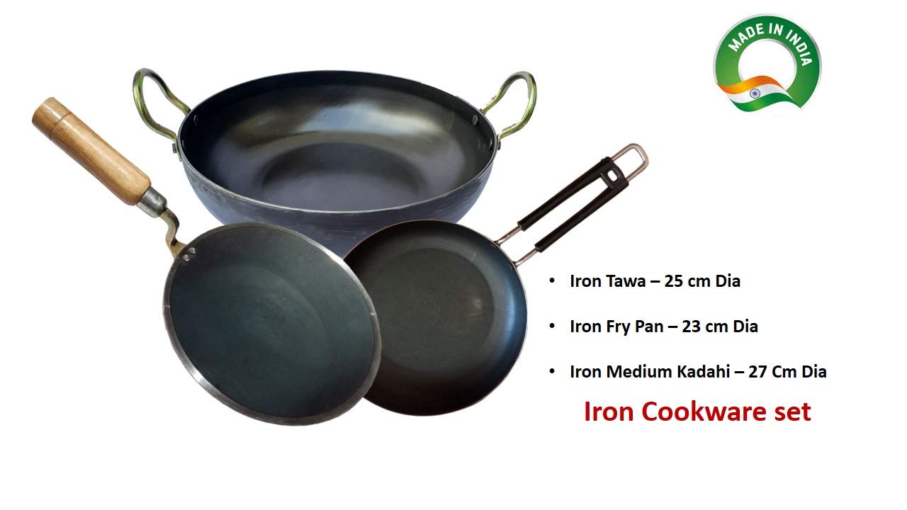 LooksGood Indian Iron cookware Combo Wooden Handle Tawa (3 mm Thickness) + Fry Pan (23 cm) + Kadahi (27 cm) (Iron) 1