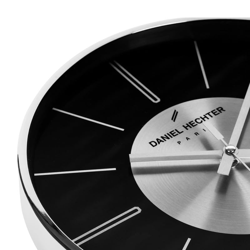 Image of Daniel Hechter Paris Seine Collection Wall Clock, Silent Sweep Non-Ticking,12 inch(30cm) HD Glass Black Dial, Silver Aluminum Face & Metal Frame, Modern Decorative Clock for Home & Office - DHCL1004