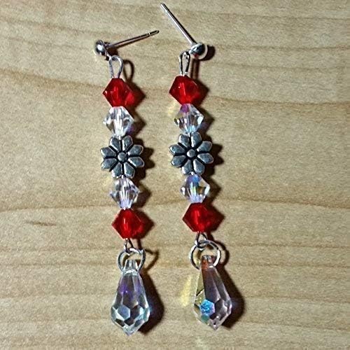 Long Red Crystal Silver Flower Teardrop Earrings - Christmas Valentine's Day Anniversary Birthday Gift - Handmade Dangles - Image 5