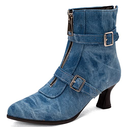 Elbslutt Women's Low Kitten Heel Booties Pointed Toe Ankle Boots Zip Buckles Strap Short Boots Dress Shoes