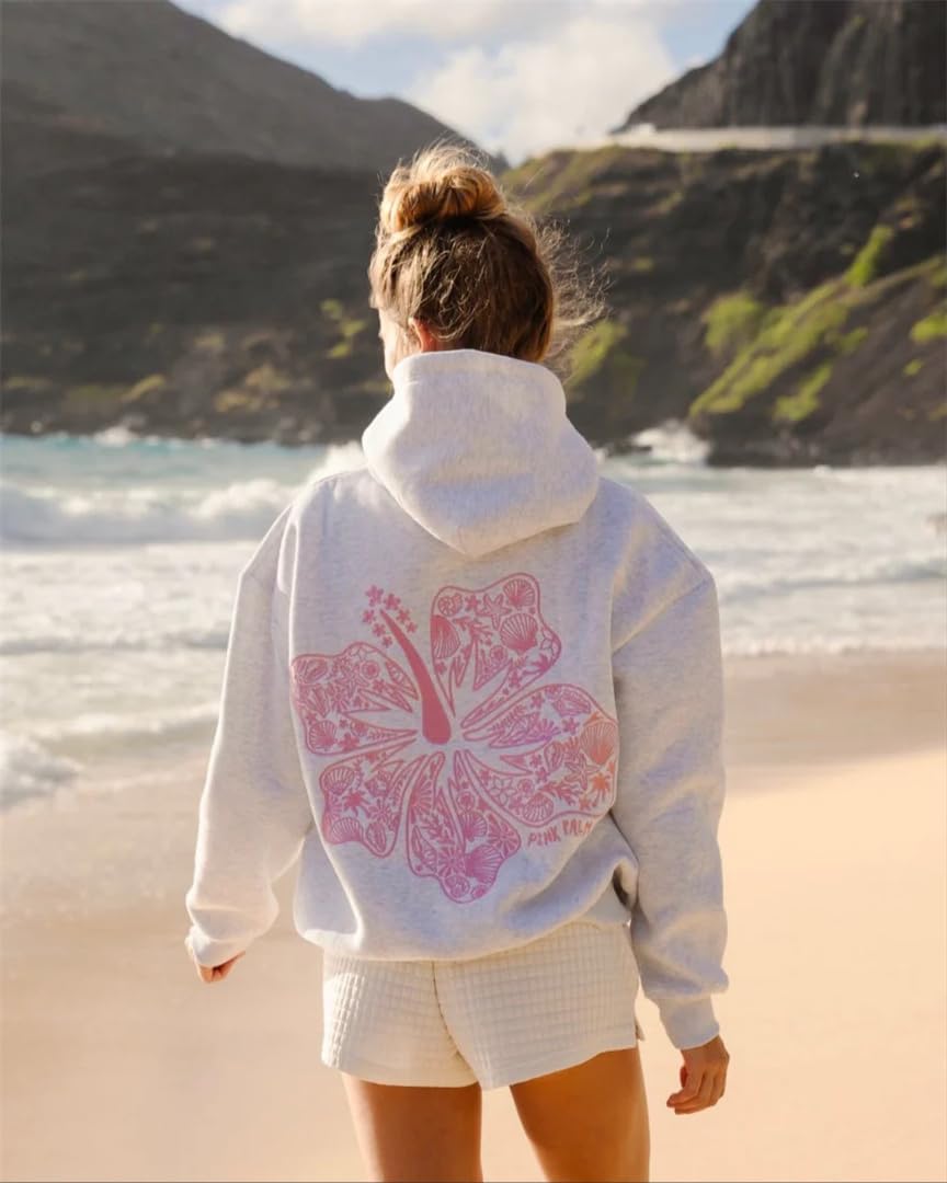 Felpe con Cappuccio Donna Tropical Floral Flower Beach Felpa Pink Palm-Puff Hoodie Pullover Manica Lunga Outwear Tops con Tasca