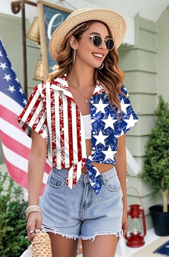 Image of Ithalt 4th of July Hawaiian Shirts Women American Flag Patriotic Short Sleeve Button Down Outfits Summer Vacation Tops