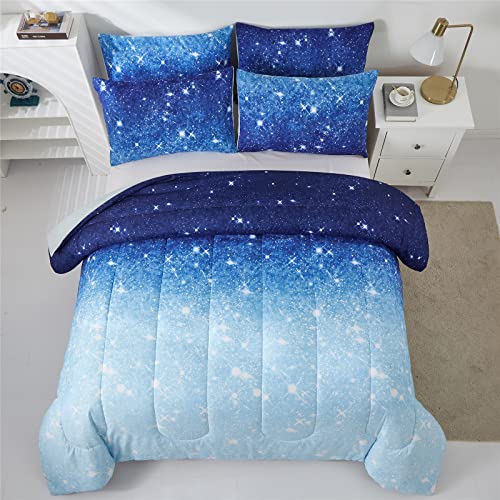 Kiddiku Blue Glitter Comforter Set Full/Queen Size For Boys Girls, Sparkle Galaxy Twinkle Starlight Kids Teen, 3 Piece Aqua Navy Ombre Bedding With 2 Pillow Cases(Blue,Queen), Queen(3-Piece) #TOP1