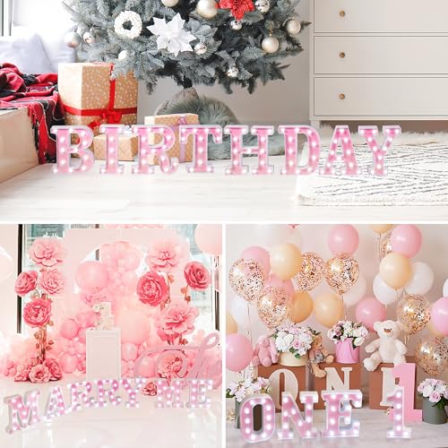 Image of Pink Glitter Marquee Light Up Letters, Battery Operated LED Letter Lights Signs for Pink Birthday Party Table Decorations, Wall Decor for Girls Bedroom, Initial Letter T with Cool White Lights