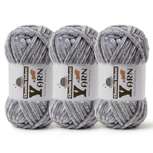Image of 3 Pack Plush Chenille Chunky Yarn - Fluffy Velvet Yarn Crochet for Blanket Knitting and Crocheting - Soft Baby Yarns for Crocheting - Amigurumi Crochet Yarns 100g (87yds) (3 Light Gray)