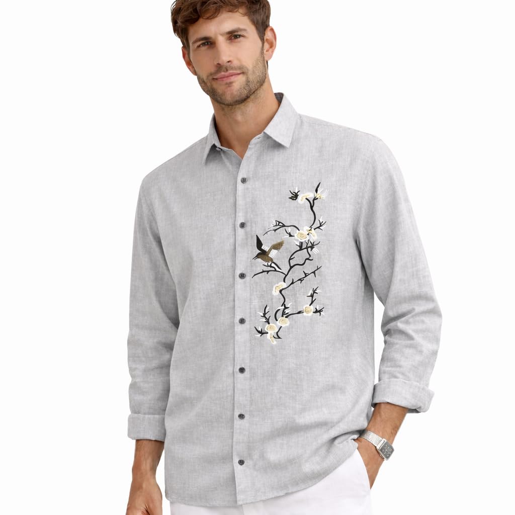 Men’s Premium Linen Embroidered Shirt – Casual Designer Floral Bird Embroidery Shirt for Men | Breathable Lightweight Summer Casual Party & Vacation Wear-image-31