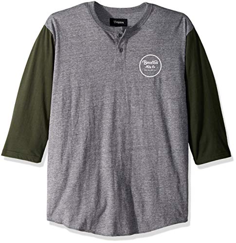 Brixton Men's Wheeler 3/4 SLV Henley TEE, Heather Grey/Pine, XL
