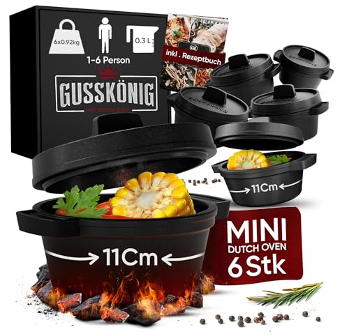 GUSSKÖNIG Dutch Oven Set Mini - 6x 300ml Gusseisen Mini Topf mit Deckel - bereits eingebrannter Mini Dutch Oven - Mini Cocotte Gusseisen Servierpfännchen - inkl. Rezeptbuch & Anleitung