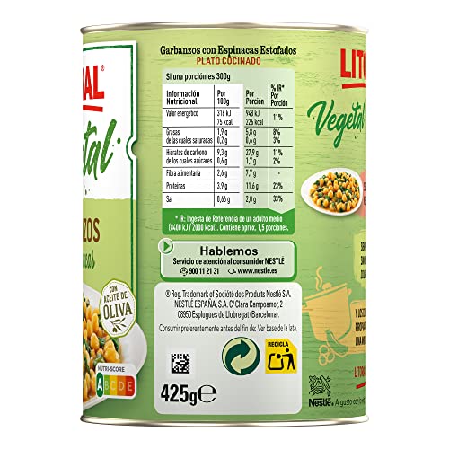 Miniatura 2 de Litoral Vegetal Garbanzos con Espinacas - Plato Preparado Sin Gluten - Pack de 10x425g - Total: 4.25kg