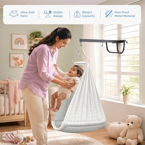 Image of Cherilo Baby Swing Cradle(Jhula) with Mosquito Net, Spring Hanger & Metal Window Cradle Stand - White Abstract - Full Set