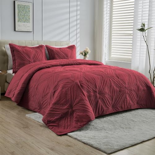 Image of Kingnex Oversized King Bedspreads 128x120 Ultrasonic Quilted Burgundy | Extra Wide Coverlet for Tall Split King Adjustable Bed or Cal King Size, 3 Piece Include 1 Quilt, 2 King Size Pillowcases