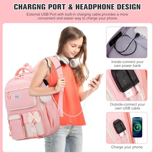 Bevalsa Backpack for Gilrs, Cute Bow School Bags for Kids with Lunch Bag & Pen Case, Bookbag for Girls Children Teens Elementary Middle Student, Back to School Gift with USB Charging Port (Pink)4
