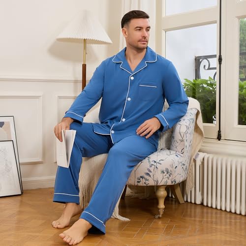 Vulcandon Mens Pajamas Set, Soft Classic Lapel Button Down Long Sleeve Lightweight Comfy Sleepwear Lounge Pajamas for Men2