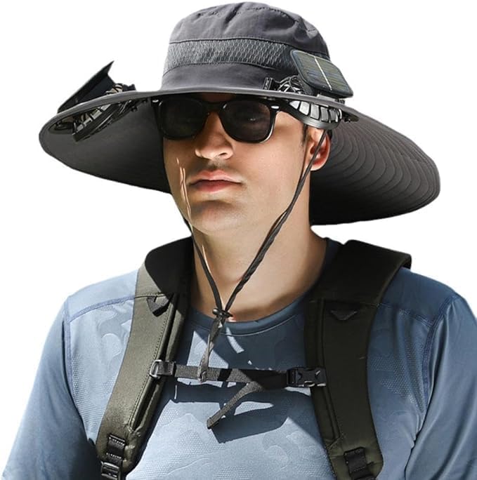 Lisstutu Solar Fan Hat ，Wide Brim Solar Fan Hat with 2 Solar Powered Fan Built ，Waterproof Outdoor Fishing Hat