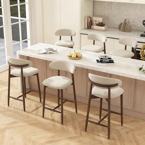 Image of Bar Stools Set of 6, 25.6″ Counter Height Bar Stools with Wood Legs, Upholstered Modern Kitchen Barstools for Kitchen Island Dining Room Bar, Beige
