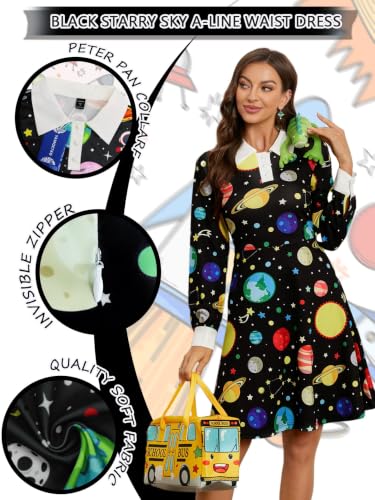 Image of Womens Long Sleeve Peter Pan Collar Aline Dress for Halloween Role Play Party Teacher Costume with Bus Bag