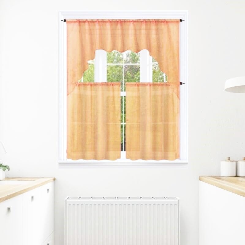 Gorgeous Home Linen 3 Piece Sheer Voile Solid Color Window Kitchen Curtain See Through 2 Panels 1 Valance (K66) (Orange Tangerine)