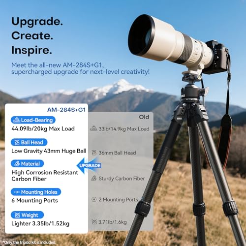 Image of SIRUI AM-284S+G1 Carbon Fiber Travel Tripod Kit, Low Profile Ball Head | 50.4 inch Height, 29.44mm Tube, DSLR, Mirrorless Camera, Video Camera, Lightweight, Travel, Outdoor Photography