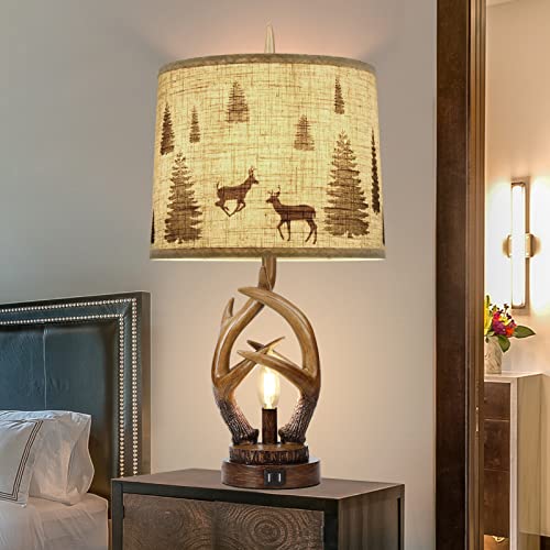 Scenekoy BLC-P-332 Rustic Farmhouse Antlers Table Lamp Set Of 2 With Nightlight Dual Usb Ports Linen Fabric Round Shade Bedside Lamp Decor thumb #5