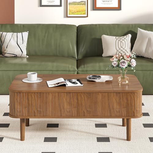 Image of Fluted Lift Top Coffee Table with Storage, Mid Century Modern Coffee Table for Living Room, Home Small Space,39.4 inch Fluted Center Table (Rectangle-Walnut, 39.4inch)