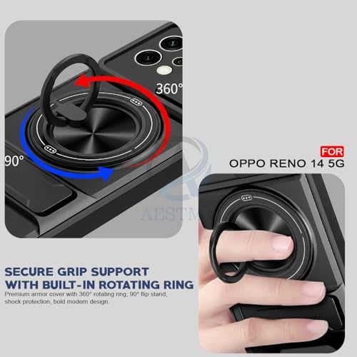 Image of AESTMO Oppo Reno 14 5G Back Cover | Armor Camera Slider 360 Degree Rotating Finger Ring Holder Case with Bracket Stand Back Case Cover for Oppo Reno 14 5G (Compatible with MagSafe Accessories) (Black)