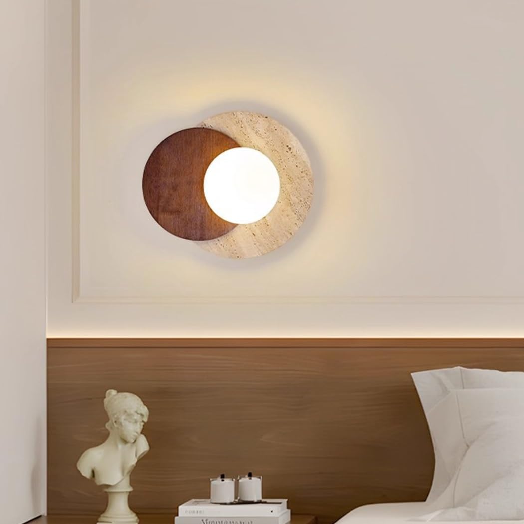 Gelbem Travertin Wandlampe Kreative Wabi-Sabi Wandleuchte Vintage Holz Lampe Innen Wandbeleuchtung Für Schlafzimmer Wohnzimmer Esszimmer Eingang Korridor Cafe Flur Nachttischlampe(Braun)
