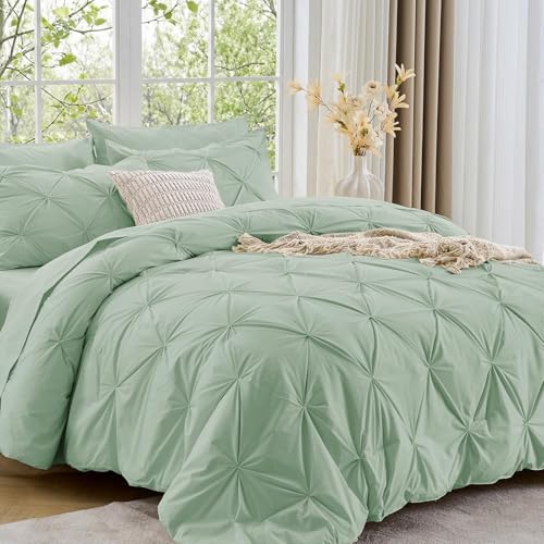 Image of Sasttie King Size Comforter Set, 7-Piece Bed in a Bag, Pintuck Bedding Sets for All Season, Includes Comforter, Flat Sheet, Fitted Sheet, Pillowcases and Pillowshams, Light Sage Green