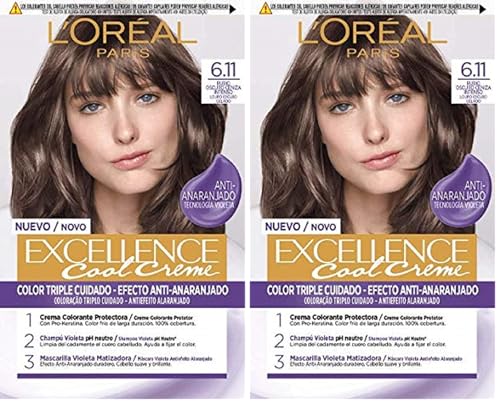 L'Oreal Paris Excellence Creme Tinte Permanente, Tono 6.11 Rubio Oscuro Ceniza, 260 g (Paquete de 2)
