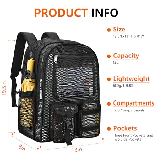 Mesh Backpack for School,with Inner Laptop Compartment,Semi-transparent Bookbag with Bungee and Comfort Padded Straps for Beach, Swimming, Sports, Work, Travel-Black2