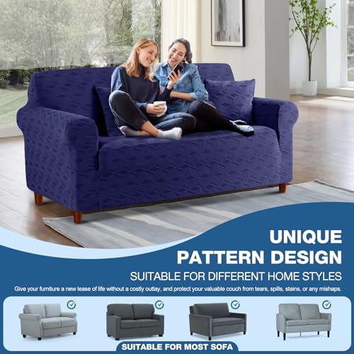 Image of TAOCOCO Loveseat Sofa Cover, 1Piece Couch Cover for 2 Cushion Sofa Washable Loveseat Slipcover with 2PCS Throw Pillow Covers, Jacquard Furniture Protector for Pets Dog(2 Seater,Dark Blue)
