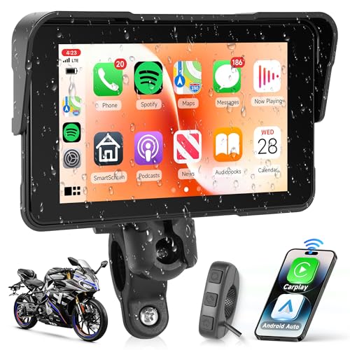 Rimoody 5 Pulgadas Carplay Pantalla para Moto con Control en el Manillar Soporte Desmontable, Pantalla CarPlay & Android Auto Inalámbrica para Motos, Radio Car Play Wireless Bluetooth Impermeable IP68