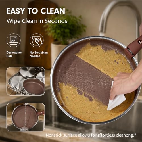 Image of CAROTE 22pcs Hybrid Nonstick Pots and Pans Set, Stainless Steel Cookware Set with Honeycomb Titanium Interior, Induction Safe, Oven Safe, Brown (PFOS, PFOA Free)