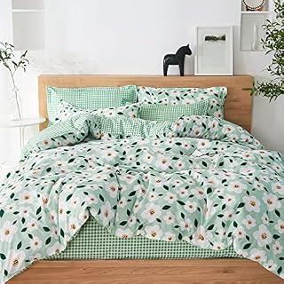 NORCH Floral Duvet Cover Set Double Green and White Aesthetic Bedding Set Reversible Soft Quilt Cover with Pillow Cases