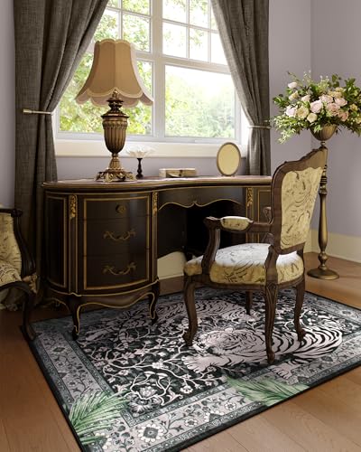 Moynesa Tiger Washable Rugs, 3x5 Entry Area Rugs, Non Slip Vintage Soft Living Room Carpet, Boho Low Pile Stain Resistant Indoor Throw Mat for Kitchen Bedroom Entrance, Black