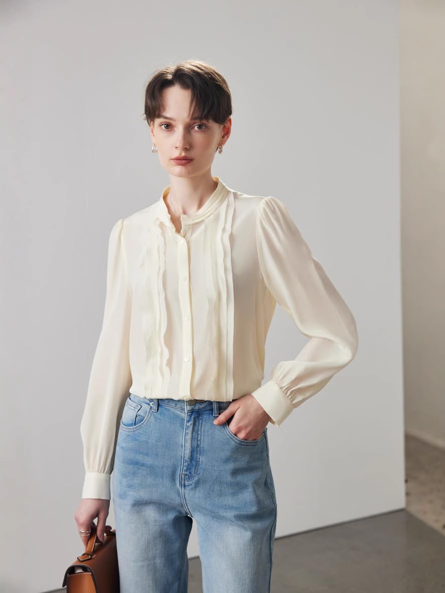 Donna Blusa da Ufficio in Seta a Maniche Lunghe con Collo Alto