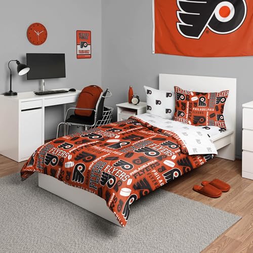 FOCO Philadelphia Flyers NHL Team Color Bed in a Bag Comforter Bedding 5 Piece Set - Twin