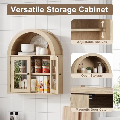Image of ChooChoo Arched Wall Cabinet with Acrylic Doors, Bathroom Cabinet Wall Mount Over The Toilet with Display Shelf, Wooden Storage Cabinet for Kitchen, Living Room or Entryway, Natural