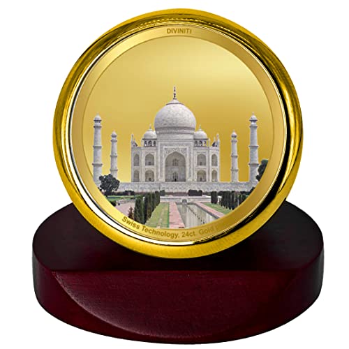 Image of DIVINITI 24K Gold Plated Taj Mahal Metallic Idol for Home Decor, Pooja Room, Office Desk & Car Dashboard | Premium Religious Gift with Wooden Stand for Blessings & Positivity|5.5 x 5.0 CM