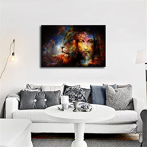 Jesus With Lion Christian Portrait Poster Decorative Painting Canvas Bedroom Bathroom Kitchen Decorative Painting Hd Picture Printing Oil Painting Art Gift (Framed,16×24Inch) #TOP2
