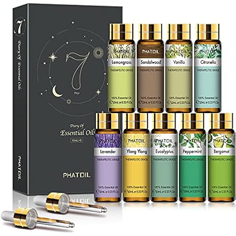 PHATOIL Essential Oils Gift Set 9 x 10ml, Pure Therapeutic Grade Aromatherapy Oils - Lavender, Eucalyptus, Ylang Ylang, Vanilla, Peppermint, Sandalwood, Lemongrass, Bergamot, Citronella Cover