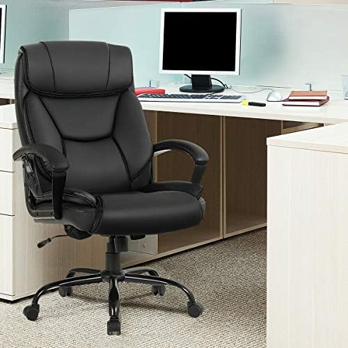 Home Office Furniture Decor Executive Big Black Massage Chair Height Adjusting Weight Capacity 500 Pounds Comfortable Seat High Resilience Sponge and Soft Leather 360° Swivel Smooth Rolling Casters