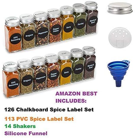 4oz, BEST VALUE 14 Glass Spice Jars includes pre-printed 113 CLEAR PVC  labels & round 126 CHALKBOARD labels. 14 Square Empty Jars, Airtight Cap,  ...