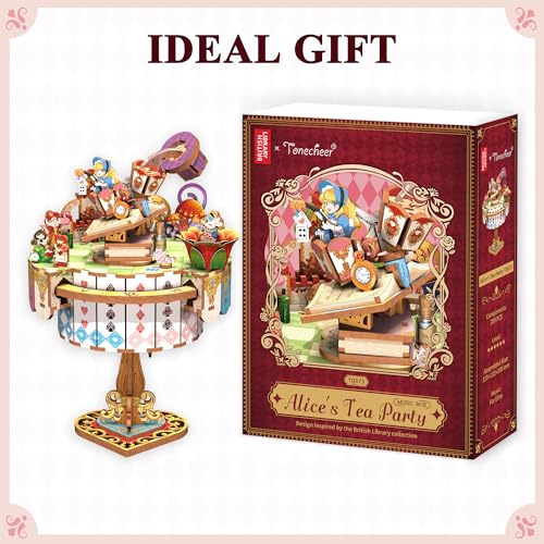 Image of Tonecheer x British Library Wooden Music Box Puzzle for Adults, DIY Rotating Music Box Kit 3D Creative Musical Puzzle Crafts Model Building Kits Desk Decor for Birthday Gift (Alice's Tea Party)
