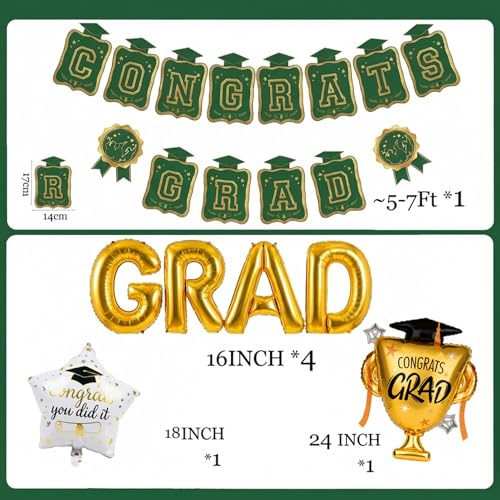 Image of Green Gold Balloons GRAD Print Balloons with Banner Table Honeycomb Centerpieces Hanging Swirl trophy star GRAD Letters Mylar Balloons for 2026 graduate Prom Decorations