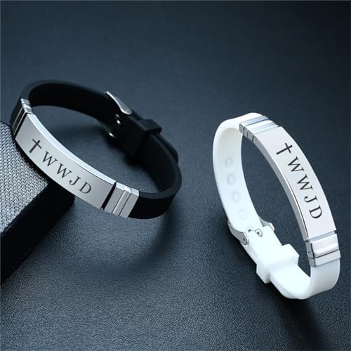 WWJD Bracelet Set for Men Women,2Pcs Stainless Steel Adjusted Silicone What Would Jesus Do Bracelets Inspirational Religious Reminder Jewerly Gift for Him Her3