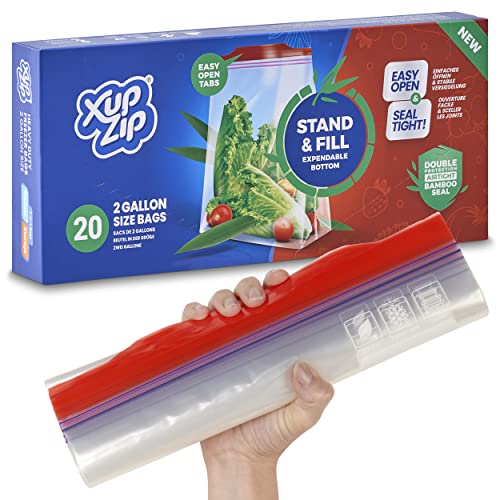 XupZip 2-in-1 Large Freezer Bags with Airtight & Leakproof Bamboo Seal 9.1L (2 UK Gallon Size) Reusable Food Bag with Expandable Bottom Heavy-Duty Zip-Lock Bags 20 Pcs