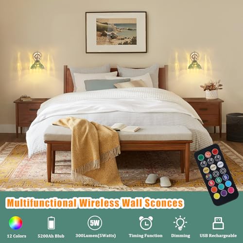 Image of Shenmoyl Battery Operated Wall Sconce Set of 2, Vintage Rechargeable Wall Lights with Green Lily Glass Shade, Wireless Indoor Wall Lamp with Remote for Bedroom Living Room Bathroom