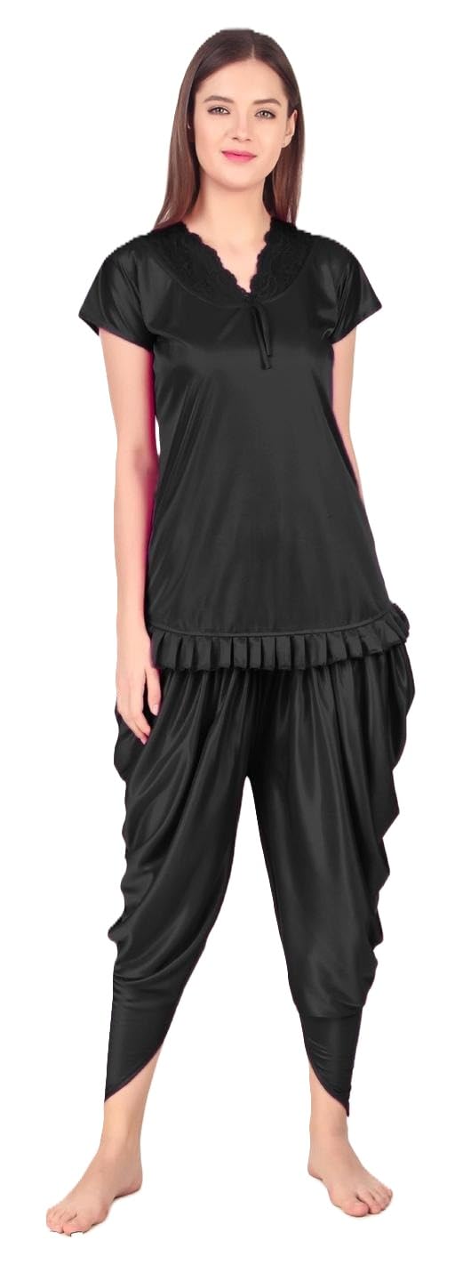 Women Satin Night Suit Set Stylish Top & Patiala Pajama Combo Short Sleeve Sleep Lounge for Ladies-picture-17
