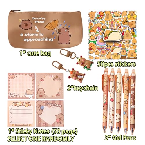 Image of Capybara 1 Makeup Bag, Pencil Case, 50 Stickers,5 Gel Ink Pens,1 Sticky Notes(SELECT RANDOMLY),2 Keychain Cute Capybara Set Birthday Gift Capybara Gifts