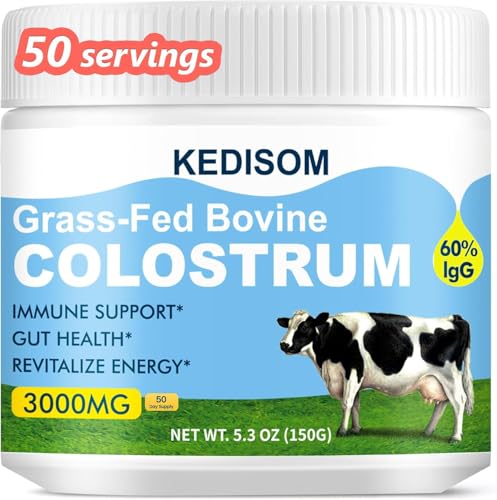 Image of Grass-Fed Bovine Colostrum Supplement Powder - 60% High IgG 3000 mg for Gut Health, Immune Support - Easy to Mix Natural Liposomal Colostrum Superfood, Unflavored, 50 Servings